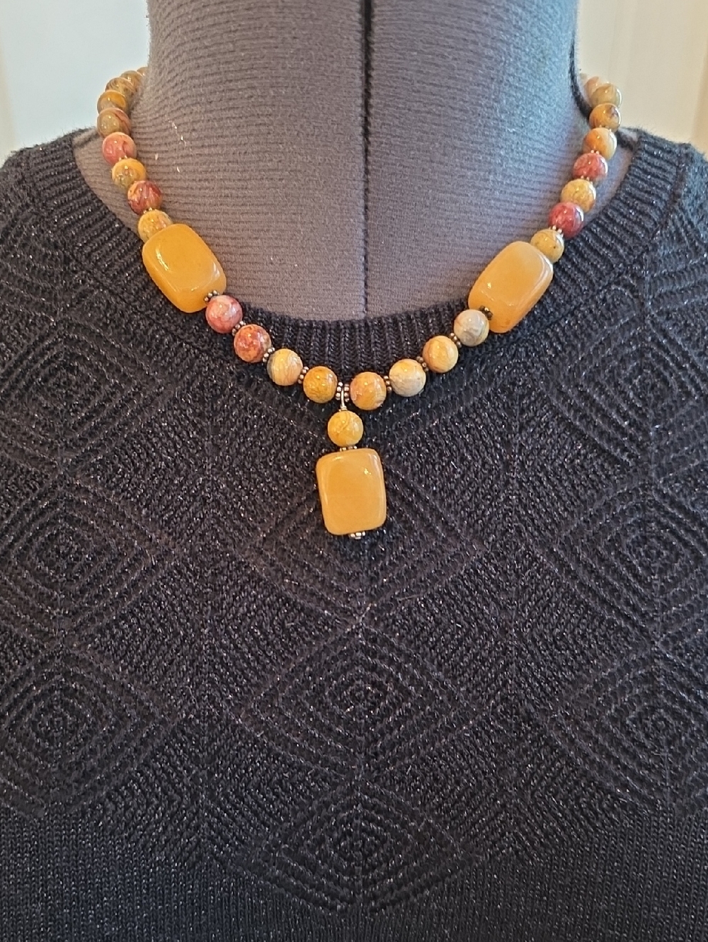 Handcrafted Yellow Jade And Agate Beaded Necklace And Earring Set